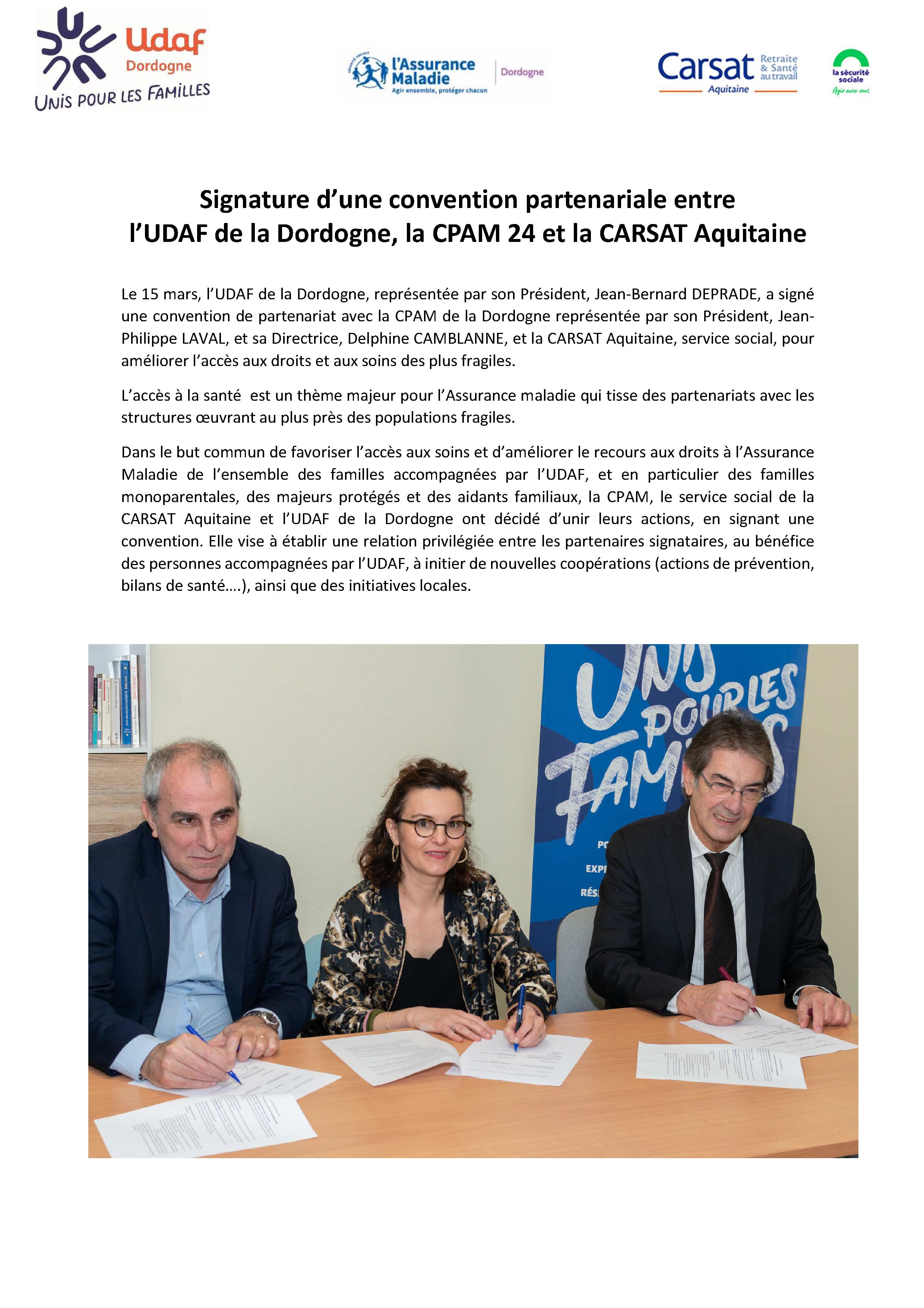 Signature d’une convention partenariale entre l’UDAF de la Dordogne, la CPAM 24 et la CARSAT Aquitaine
