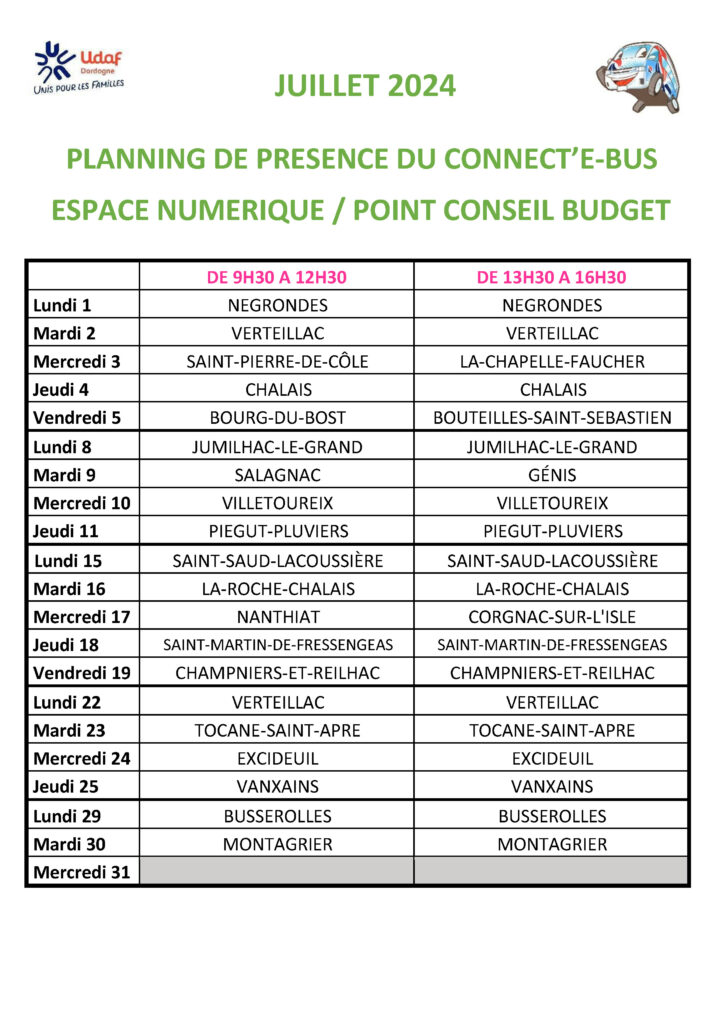 Planning du Connect'e-Bus de juillet 2024